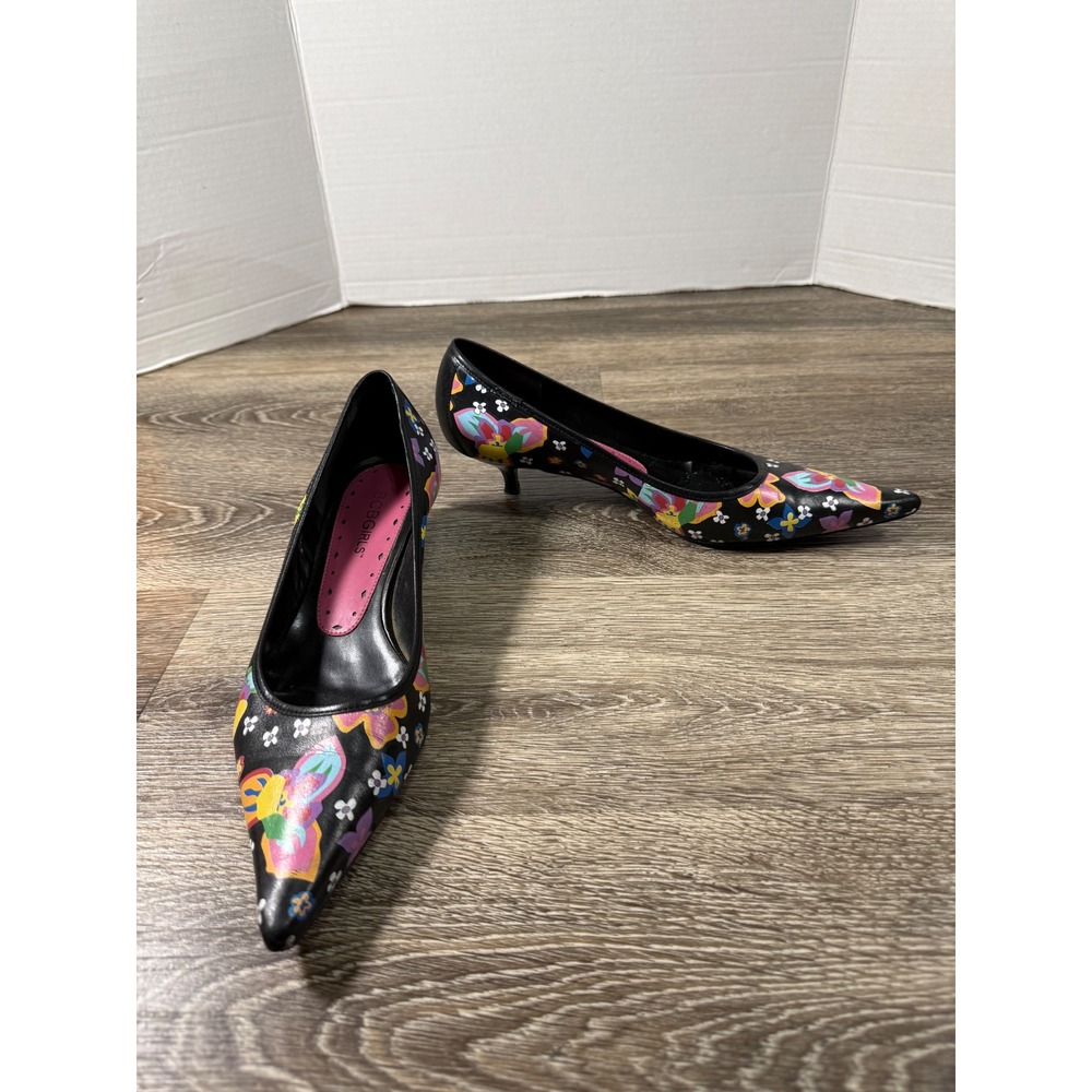 BCBGirls Womens Kitten Heel Pumps Pointed Toe Black Floral 7.5B 37.5